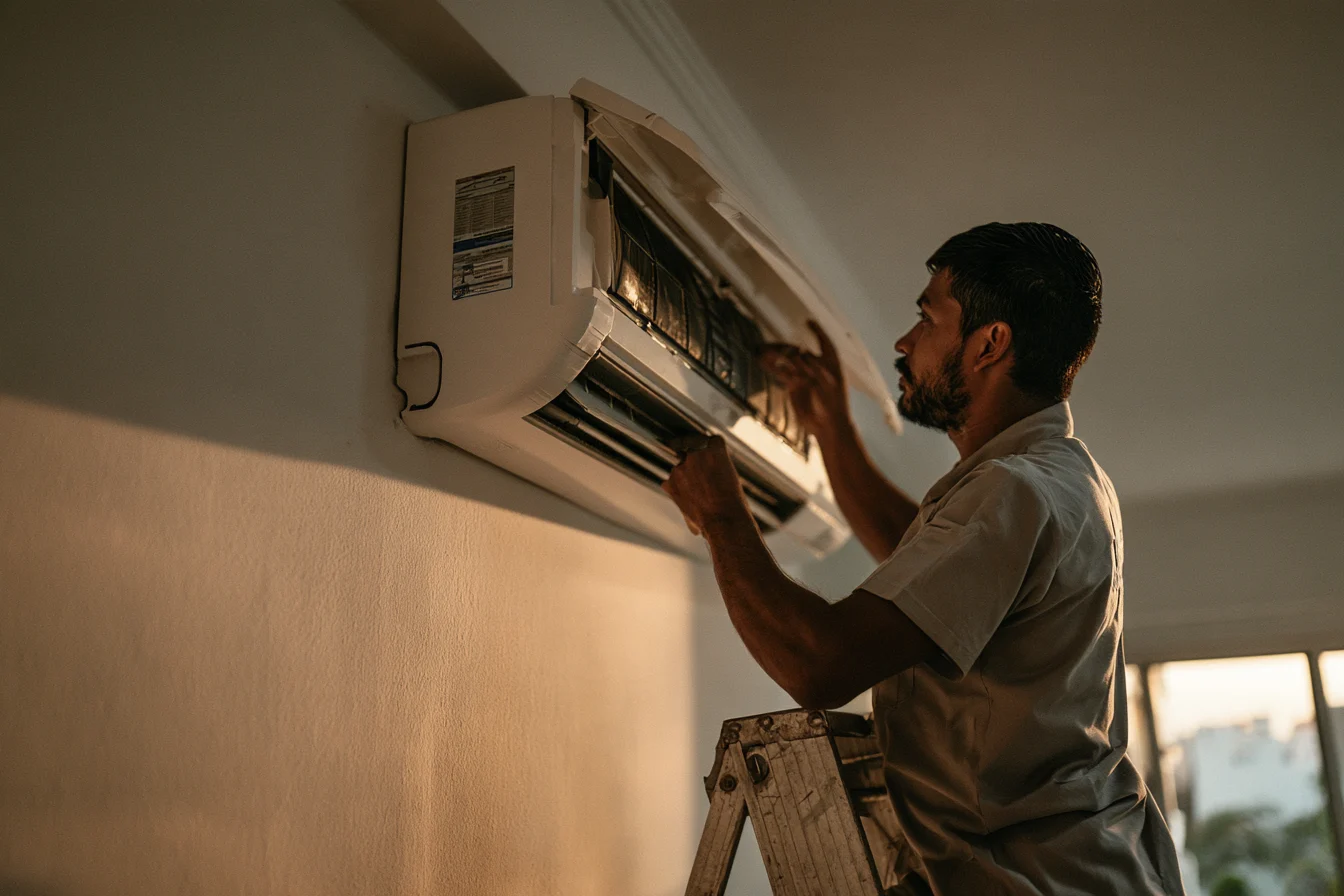 Técnico de Cartagena Repara haciendo mantenimiento a un mini split